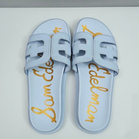 Sam Edelman Valeri Slide Sandal Womens 8 WIDE Riviera Blue Leather Logo Platform - Picture 8 of 13